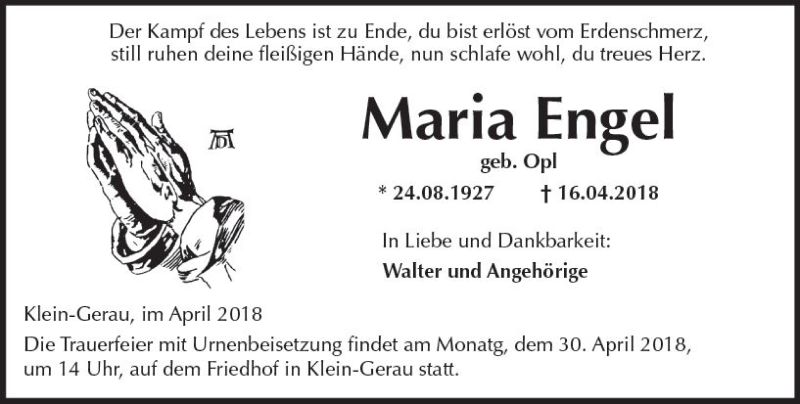  Traueranzeige für Maria Engel vom 28.04.2018 aus Trauerportal Rhein Main Presse