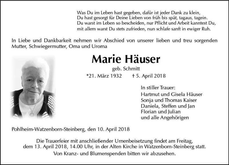  Traueranzeige für Marie Häuser vom 10.04.2018 aus  Gießener Anzeiger