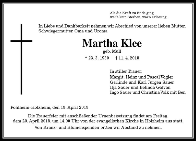  Traueranzeige für Martha Klee vom 18.04.2018 aus  Gießener Anzeiger