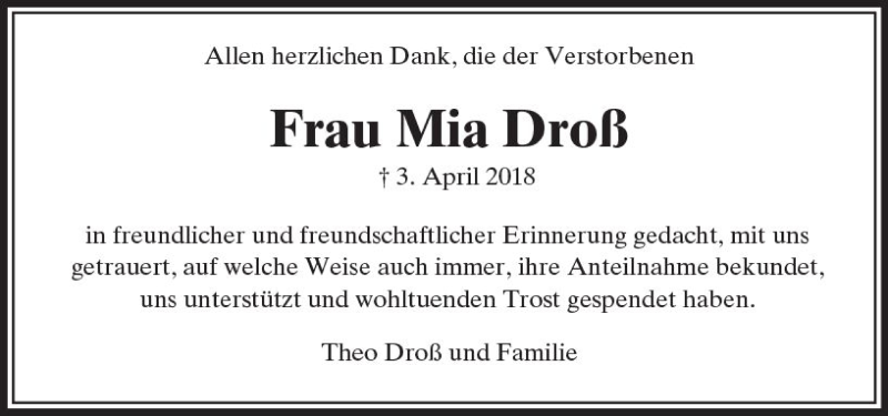  Traueranzeige für Mia Droß vom 24.04.2018 aus  Usinger Anzeiger