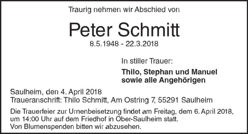  Traueranzeige für Peter Schmitt vom 04.04.2018 aus Trauerportal Rhein Main Presse