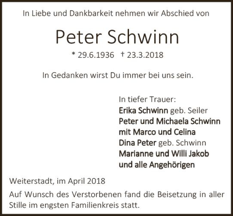  Traueranzeige für Peter Schwinn vom 07.04.2018 aus Trauerportal Rhein Main Presse