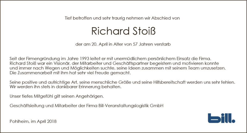  Traueranzeige für Richard Stoiß vom 25.04.2018 aus  Gießener Anzeiger