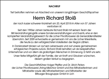 Traueranzeige von Richard Stoiß von  Gießener Anzeiger