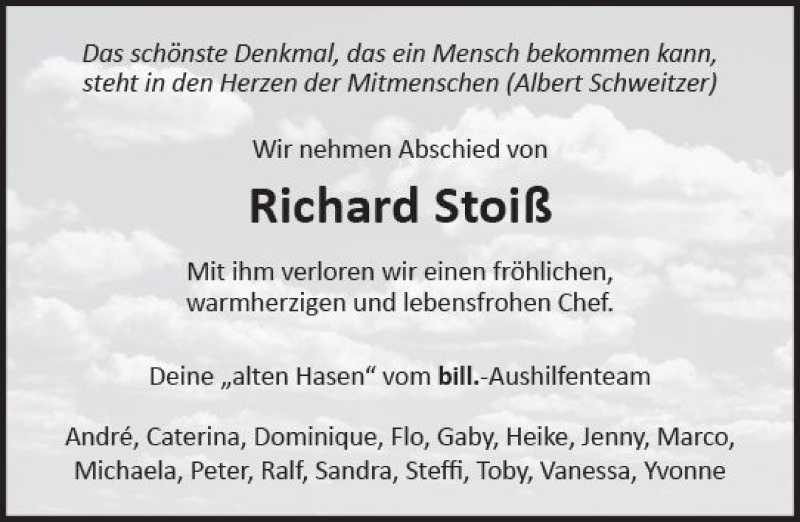  Traueranzeige für Richard Stoiß vom 25.04.2018 aus  Gießener Anzeiger