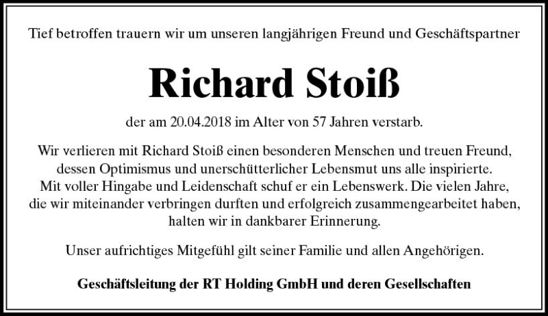  Traueranzeige für Richard Stoiß vom 28.04.2018 aus  Kreisanzeiger