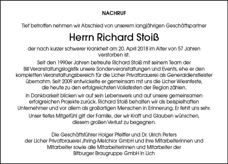  Traueranzeige für Richard Stoiß vom 25.04.2018 aus  Gießener Anzeiger