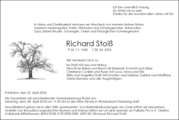 Traueranzeige von Richard Stoiß von  Gießener Anzeiger
