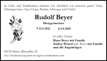 Traueranzeige von Rudolf Beyer von Trauerportal Rhein Main Presse