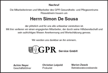 Traueranzeige von Simon De Sousa von Trauerportal Rhein Main Presse