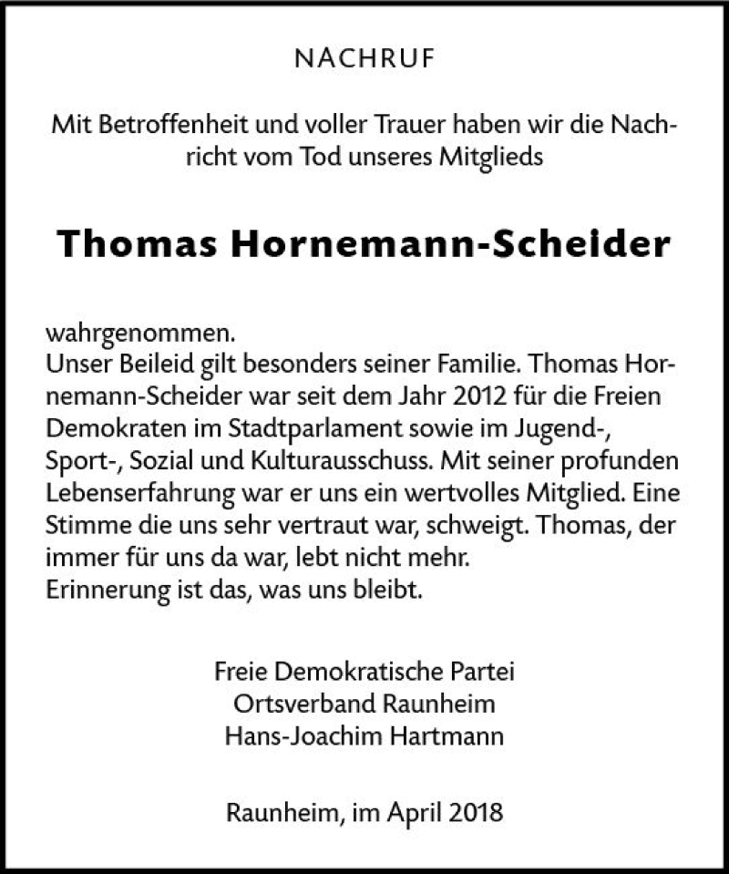  Traueranzeige für Thomas Hornemann-Scheider vom 27.04.2018 aus Trauerportal Rhein Main Presse