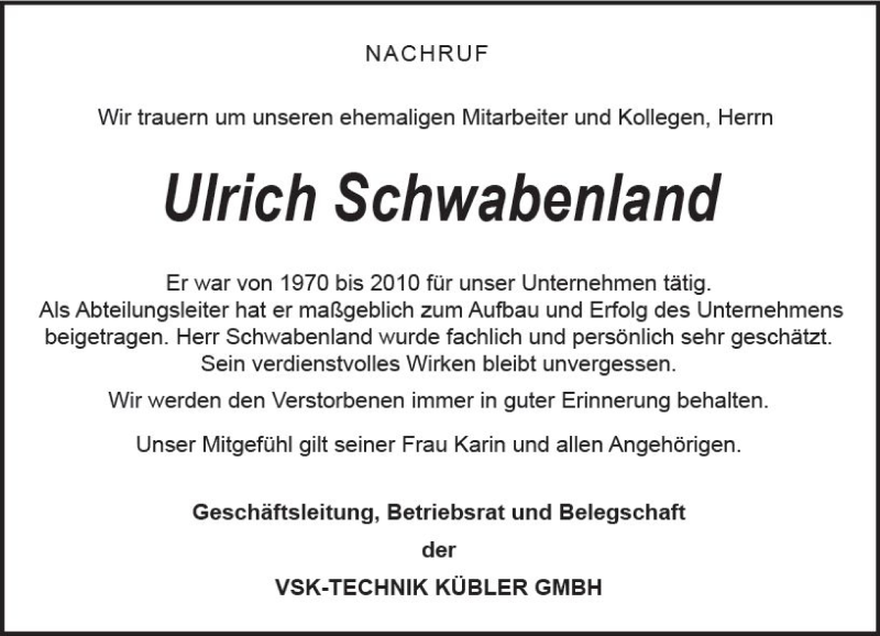  Traueranzeige für Ulrich Schwabenland vom 07.04.2018 aus Trauerportal Rhein Main Presse