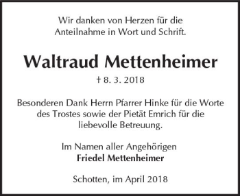 Traueranzeige von Waltraud Mettenheimer von  Kreisanzeiger