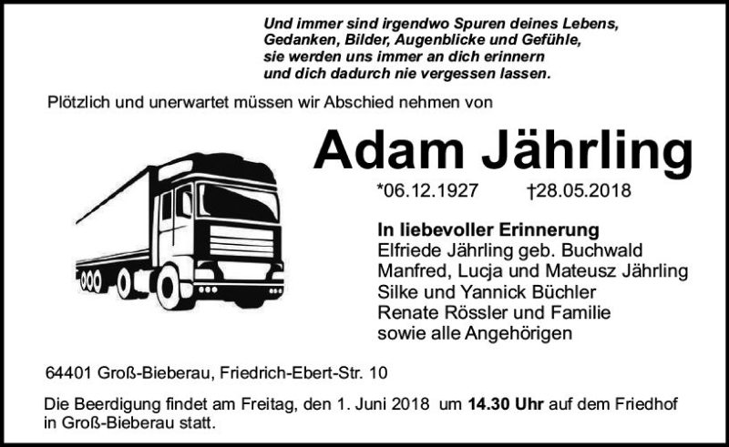  Traueranzeige für Adam Jährling vom 30.05.2018 aus Trauerportal Rhein Main Presse
