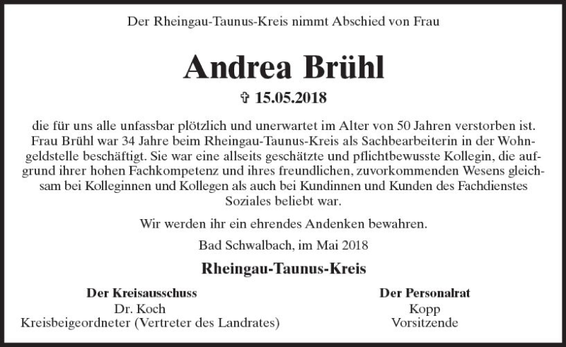  Traueranzeige für Andrea Brühl vom 26.05.2018 aus Trauerportal Rhein Main Presse