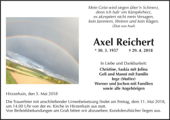 Traueranzeige von Axel Reichert von  Kreisanzeiger