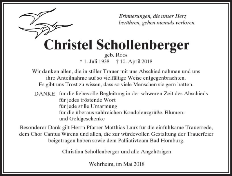  Traueranzeige für Christel Schollenberger vom 05.05.2018 aus  Usinger Anzeiger