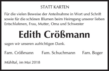 Traueranzeige von Edith Crößmann von Trauerportal Rhein Main Presse