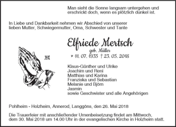 Traueranzeige von Elfriede Mertsch von  Gießener Anzeiger