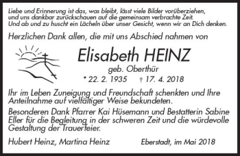 Traueranzeige von Elisabeth Heinz von Trauerportal Rhein Main Presse