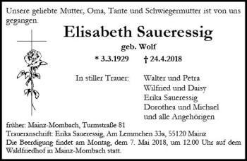 Traueranzeige von Elisabeth Saueressig von Trauerportal Rhein Main Presse