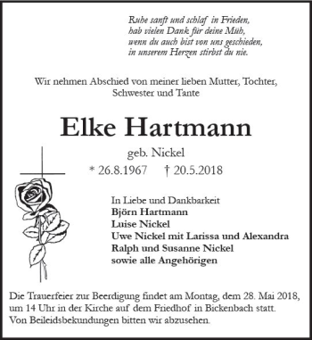 Traueranzeige von Elke Hartmann von Trauerportal Rhein Main Presse