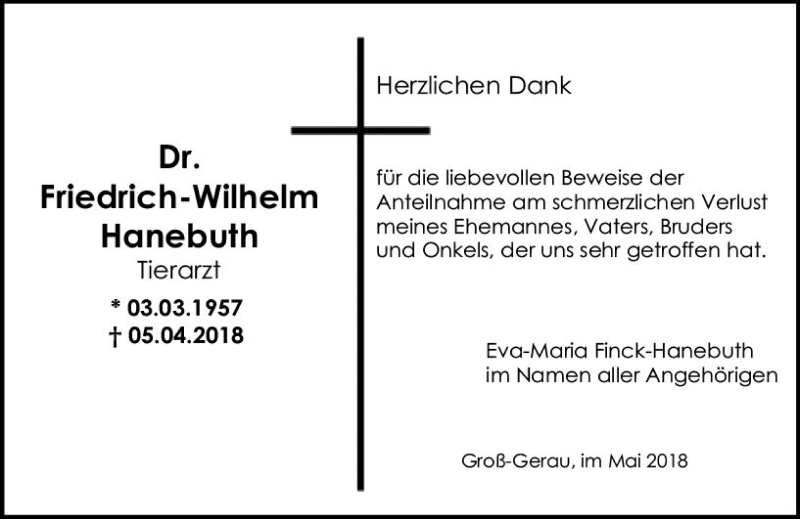  Traueranzeige für Friedrich-Wilhelm Hanebuth vom 12.05.2018 aus Trauerportal Rhein Main Presse