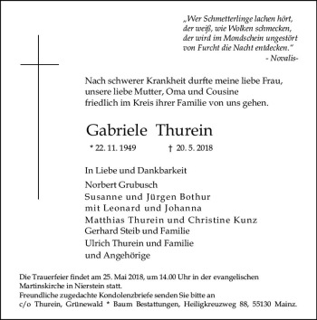 Traueranzeige von Gabriele Thurein von Trauerportal Rhein Main Presse