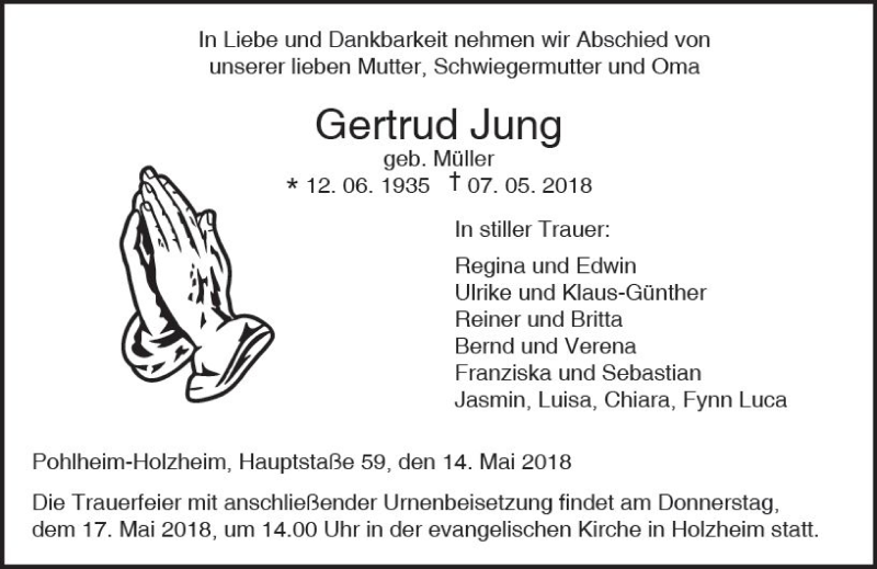  Traueranzeige für Gertrud Jung vom 14.05.2018 aus  Gießener Anzeiger