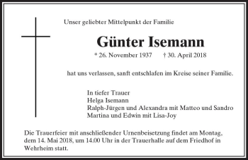 Traueranzeige von Günter Isemann von  Usinger Anzeiger