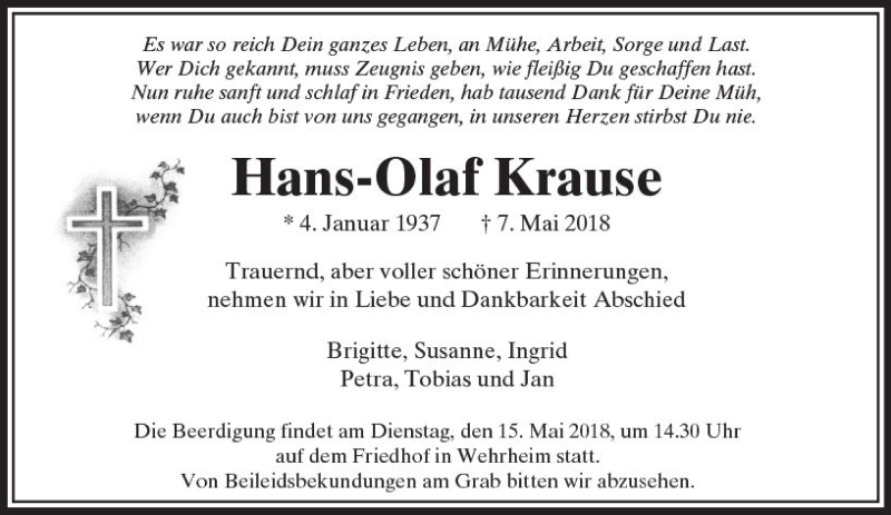  Traueranzeige für Hans-Olaf Krause vom 12.05.2018 aus  Usinger Anzeiger