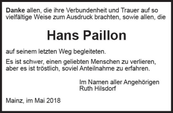 Traueranzeige von Hans Paillon von Trauerportal Rhein Main Presse