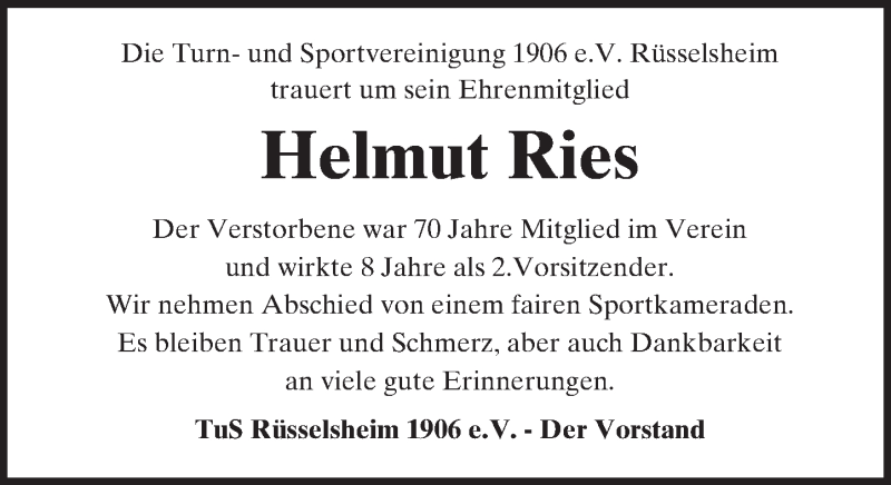  Traueranzeige für Helmut Ries vom 14.05.2018 aus Trauerportal Rhein Main Presse