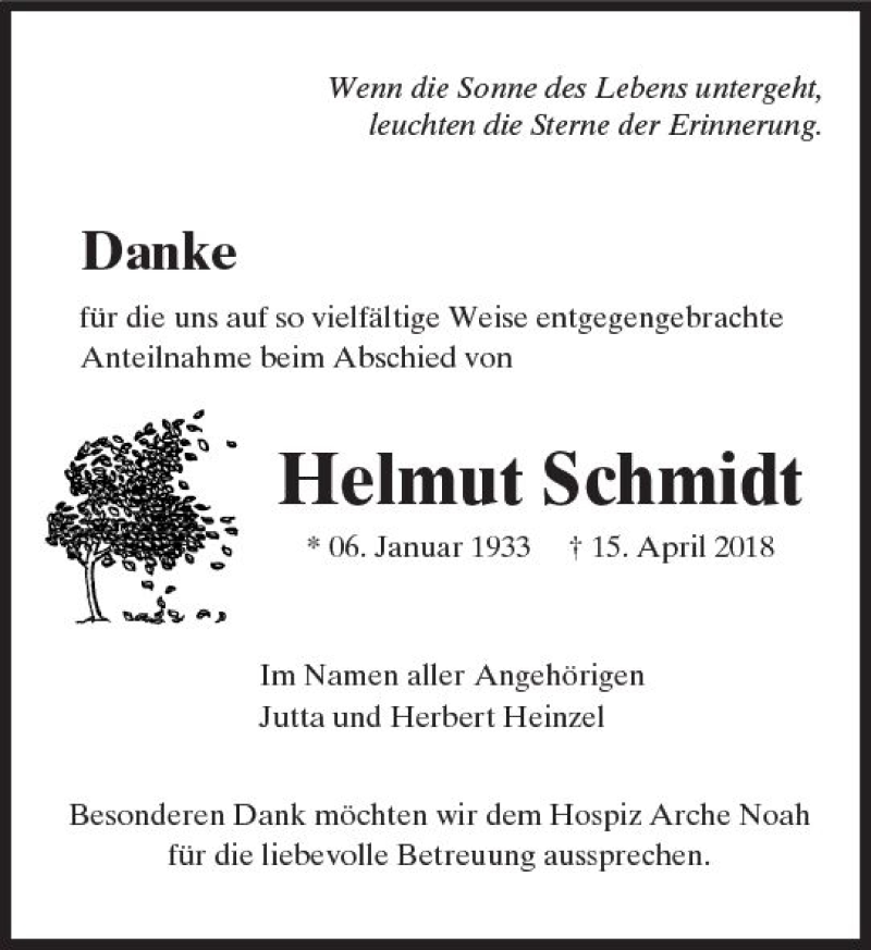  Traueranzeige für Helmut Schmidt vom 12.05.2018 aus  Usinger Anzeiger