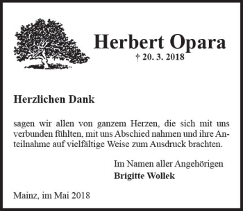 Traueranzeige von Herbert Opara von Trauerportal Rhein Main Presse