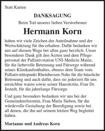 Traueranzeige von Hermann Korn von Trauerportal Rhein Main Presse
