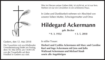 Traueranzeige von Hildegard Ackermann von  Kreisanzeiger