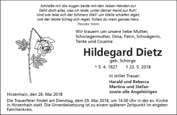 Traueranzeige von Hildegard Dietz von  Kreisanzeiger