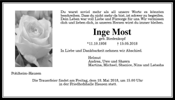 Traueranzeige von Inge Most von  Gießener Anzeiger
