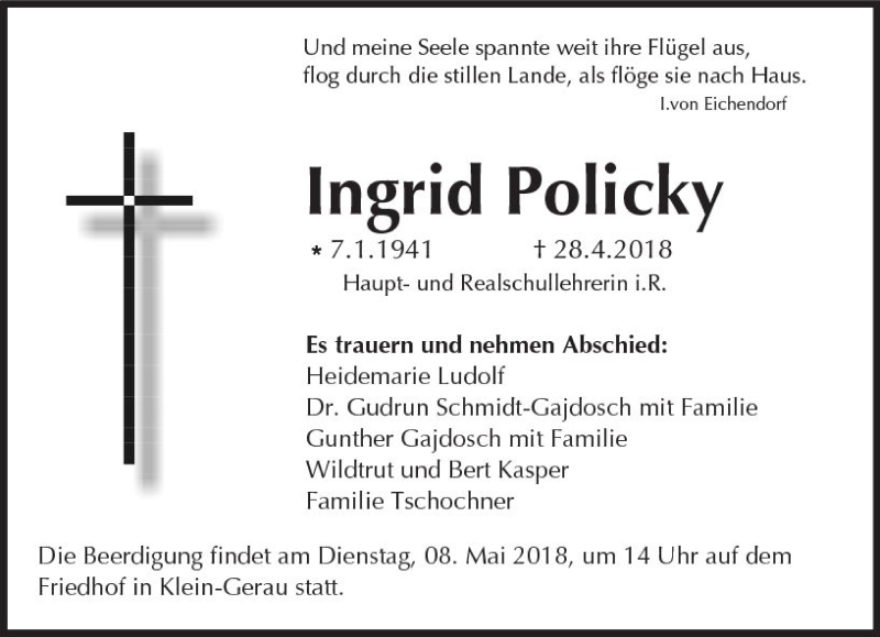  Traueranzeige für Ingrid Policky vom 04.05.2018 aus Trauerportal Rhein Main Presse
