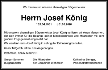 Traueranzeige von Josef König von  Usinger Anzeiger