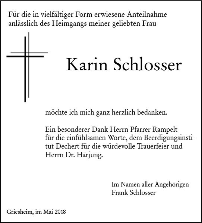  Traueranzeige für Karin Schlosser vom 26.05.2018 aus Trauerportal Rhein Main Presse