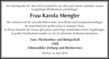 Traueranzeige von Karola Mengler von Trauerportal Rhein Main Presse