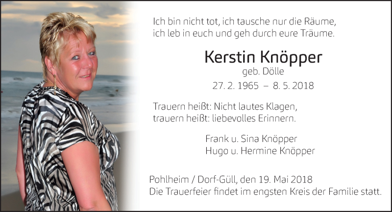  Traueranzeige für Kerstin Knöpper vom 19.05.2018 aus  Gießener Anzeiger