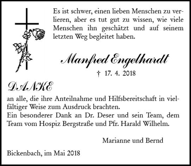 Traueranzeige für Manfred Engelhardt vom 12.05.2018 aus Trauerportal Rhein Main Presse