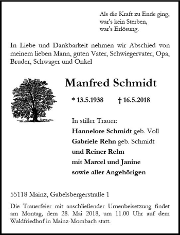 Traueranzeige von Manfred Schmidt von Trauerportal Rhein Main Presse