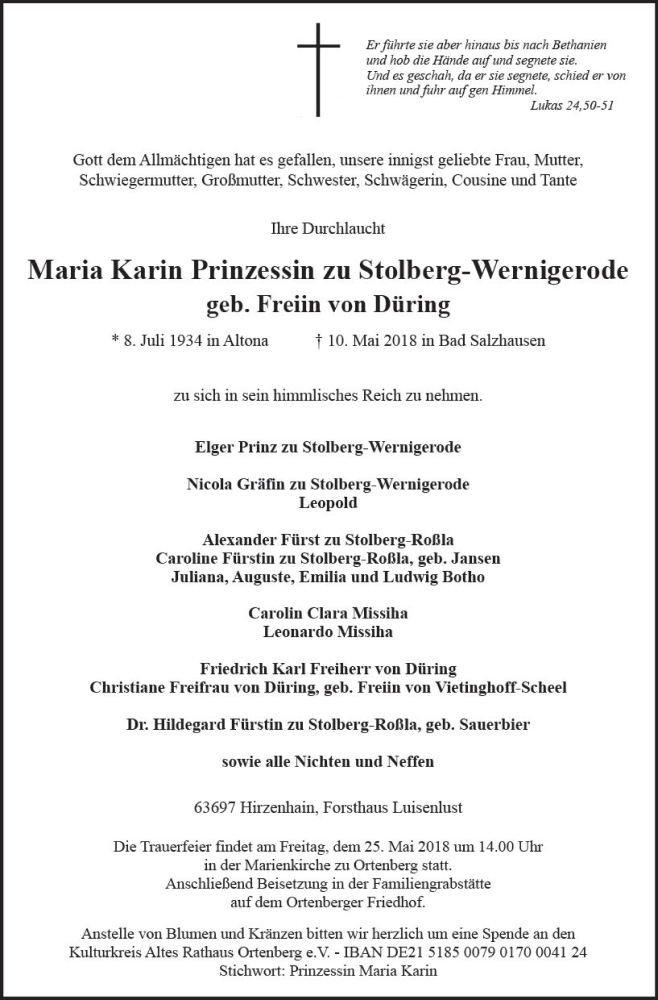  Traueranzeige für Maria Karin  Prinzessin zu Stolberg-Wernigerode vom 22.05.2018 aus  Kreisanzeiger