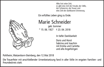 Traueranzeige von Marie Schneider von  Gießener Anzeiger
