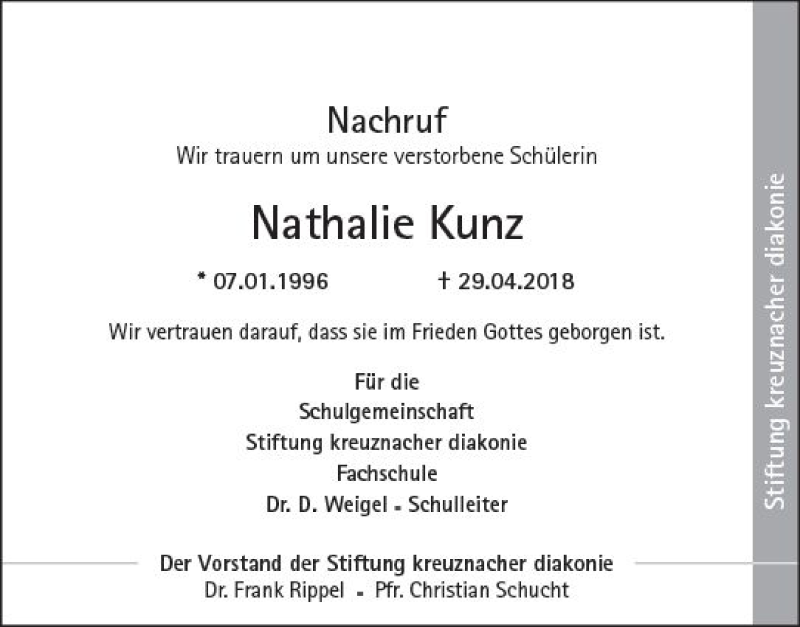  Traueranzeige für Nathalie Kunz vom 11.05.2018 aus Trauerportal Rhein Main Presse