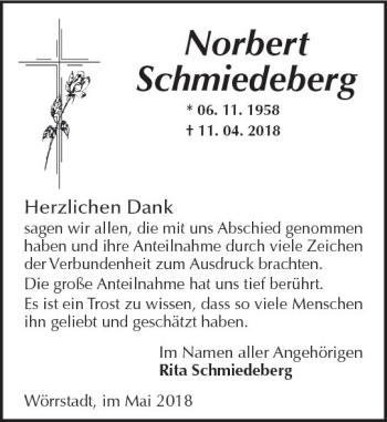 Traueranzeige von Norbert Schmiedeberg von Trauerportal Rhein Main Presse